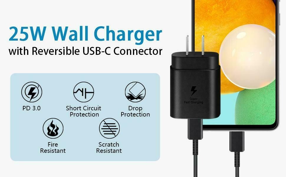 25W Type C USB-C Cable Super Fast Wall PD Charger For Samsung Galaxy S20 S21 S22
