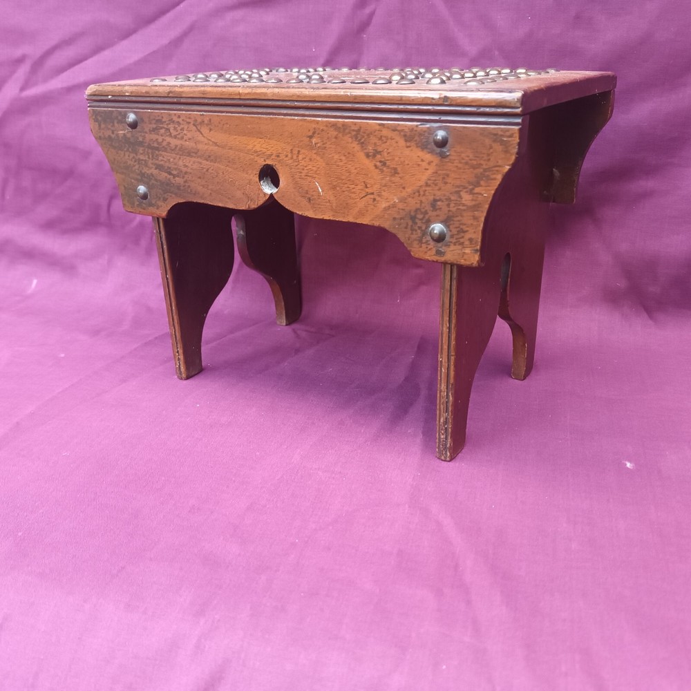 Small Antique Treen Studded Cracket style Stool marked 'E W'