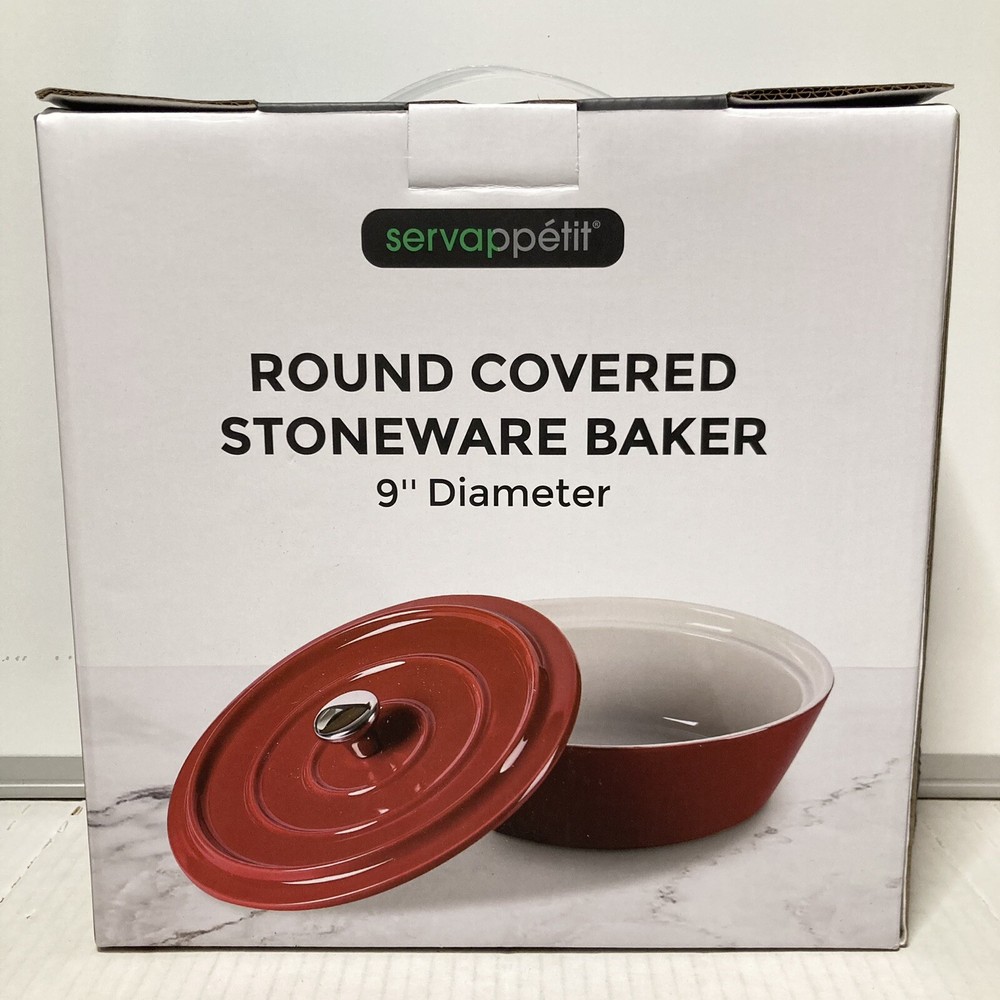 Servappetit Red Round Covered Stoneware Baker with Lid 9" Diameter Baking Dish