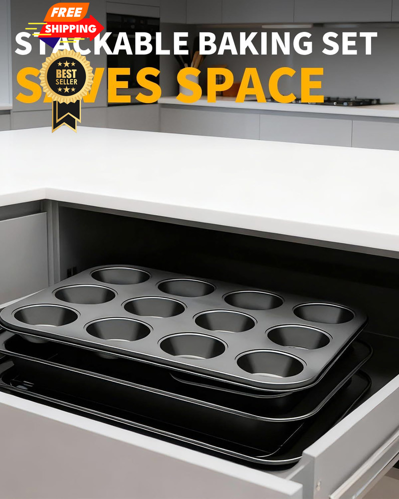 Ymiton Nonstick Baking Pans Set, 19 PCS Stackable Bakeware Medium, Dark Gray