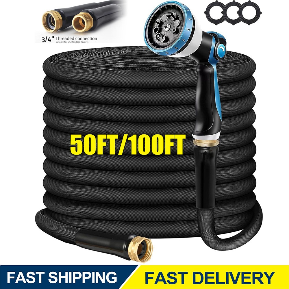 Garden Hose 50ft 100ft Non-Expandable Water Hose Kink Free Lightweight + Nozzle