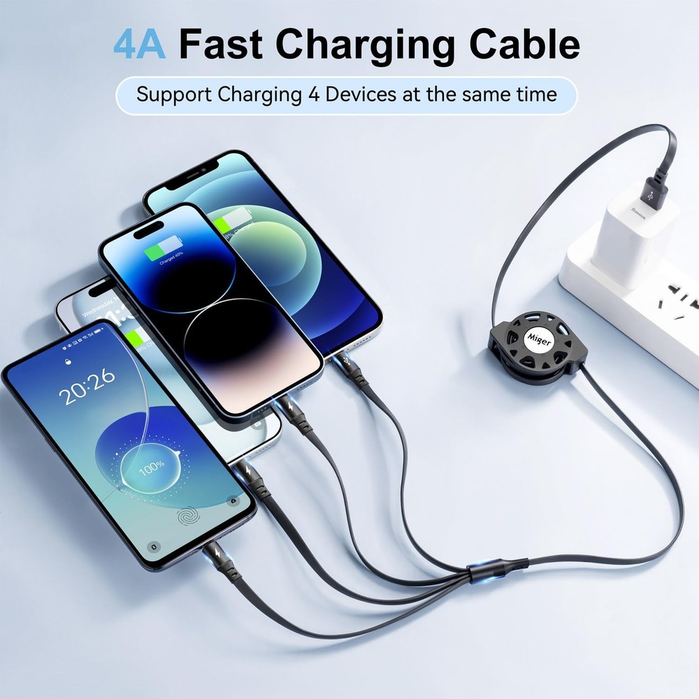 Multi Charging Cable 4A [2Pack 4Ft] Retractable USB Fast Charger Cord 4 Black