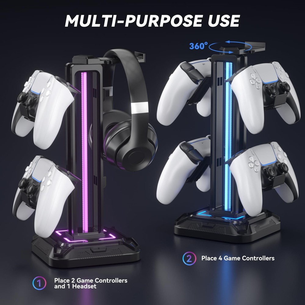 KDD RGB Headset Stand with 9 Light Modes - Controller Holder for Desk - Rotat...