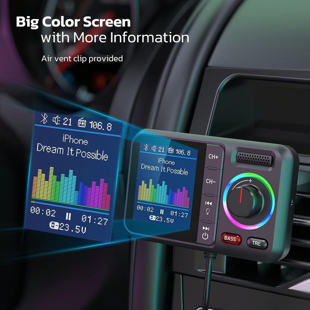 Hands-Free Bluetooth V5.0 FM Transmitter with Color Display & Fast Charge - KM28