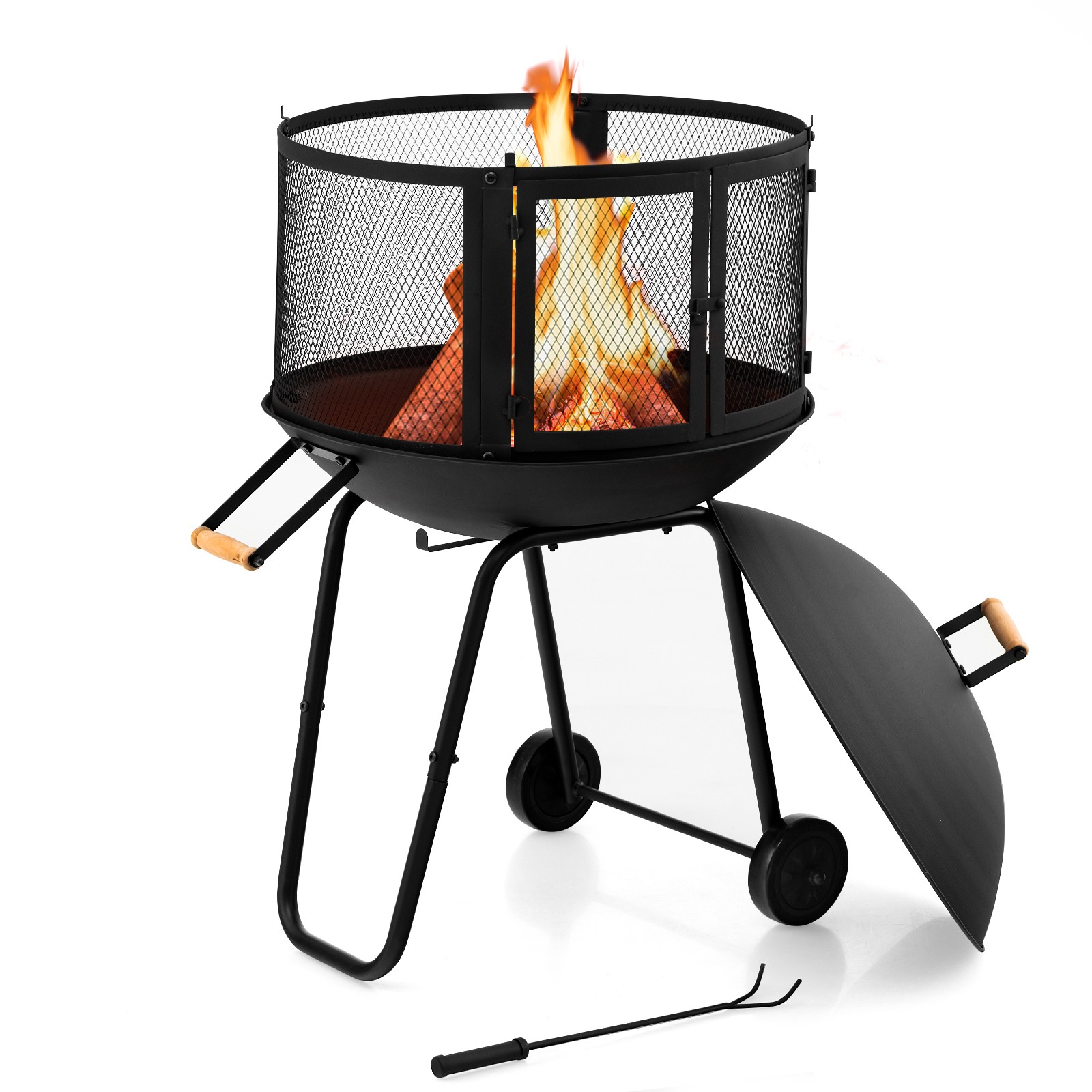 28" Patio Rolling Fire Pit Wood Burning Firepit w/ Wheels Mobile Fireplace