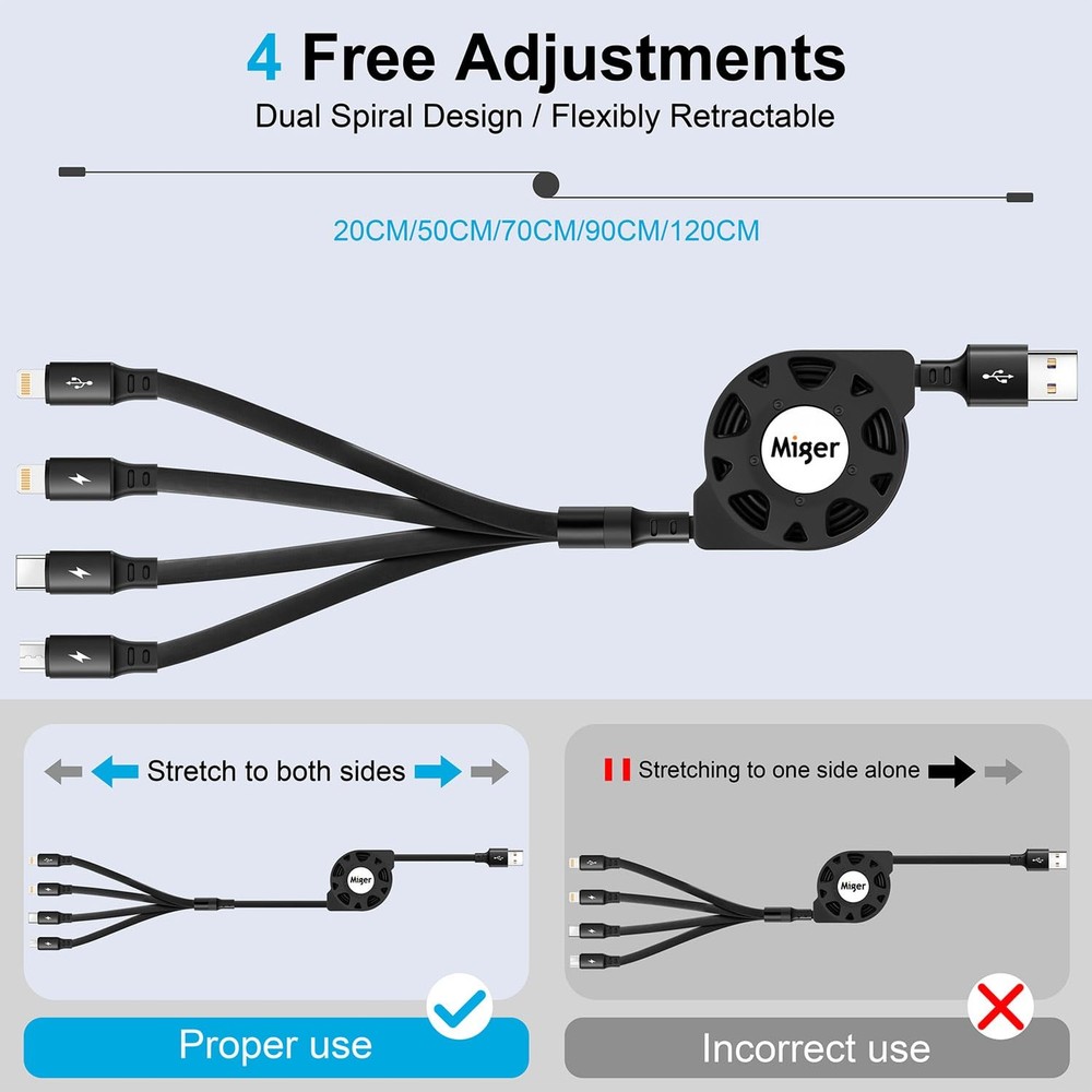 Multi Charging Cable 4A [2Pack 4Ft] Retractable USB Fast Charger Cord 4 Black