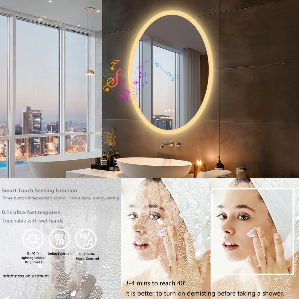 Oval LED Bathroom Bluetooth Mirror Touch Antifog Memory 3 Color Light Adjustable