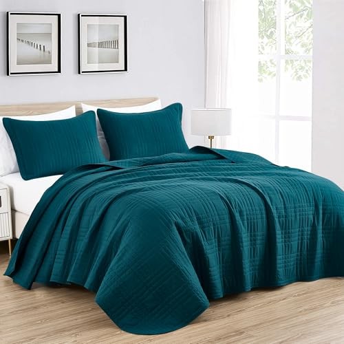 Kingston Size Bedspread Set, 3-Piece Oversized Quilted Microfiber Queen Teal
