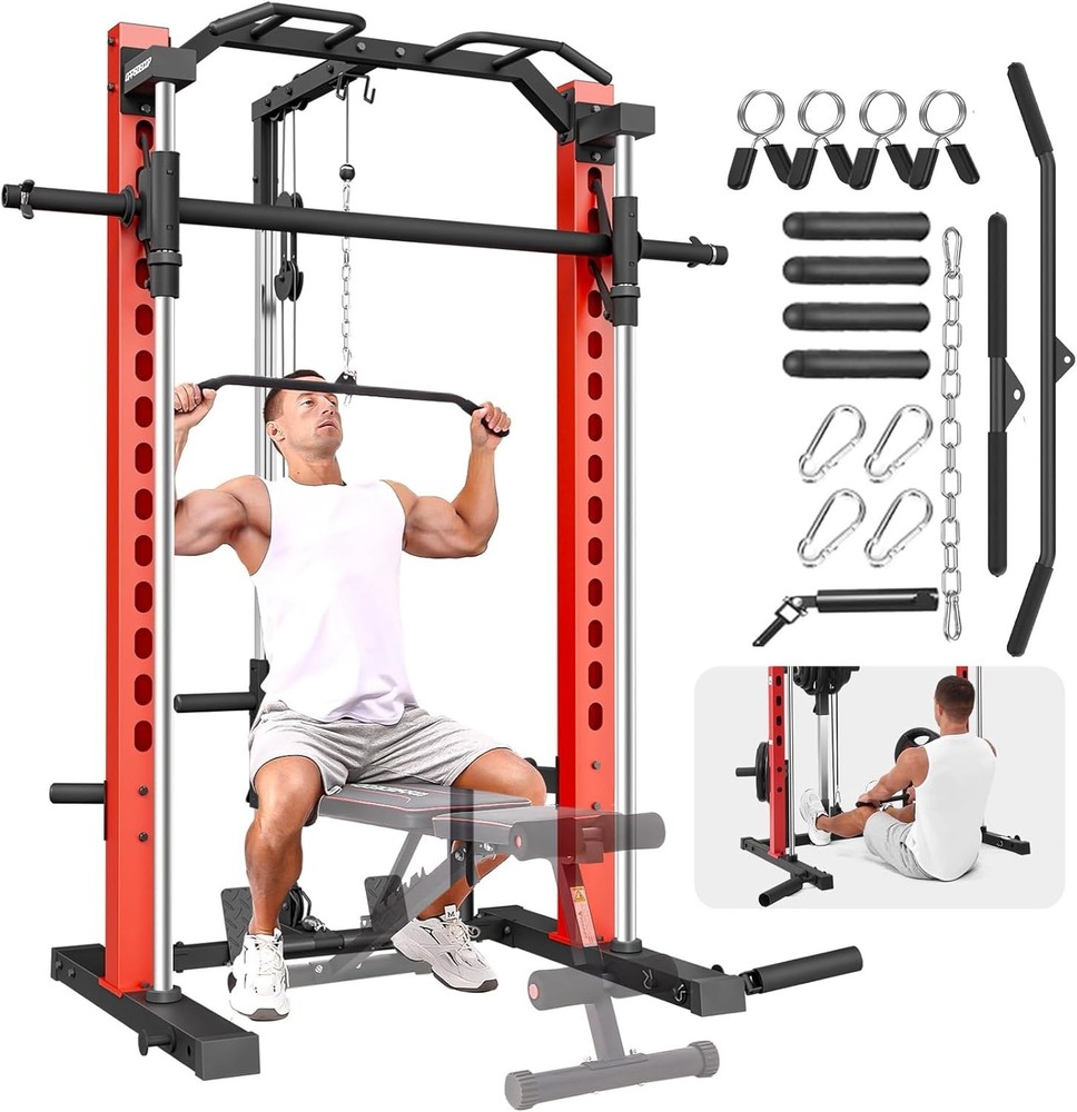Smith Machine, Multi-Function Power Cage w/ Lat Pull Down System Workout Machine