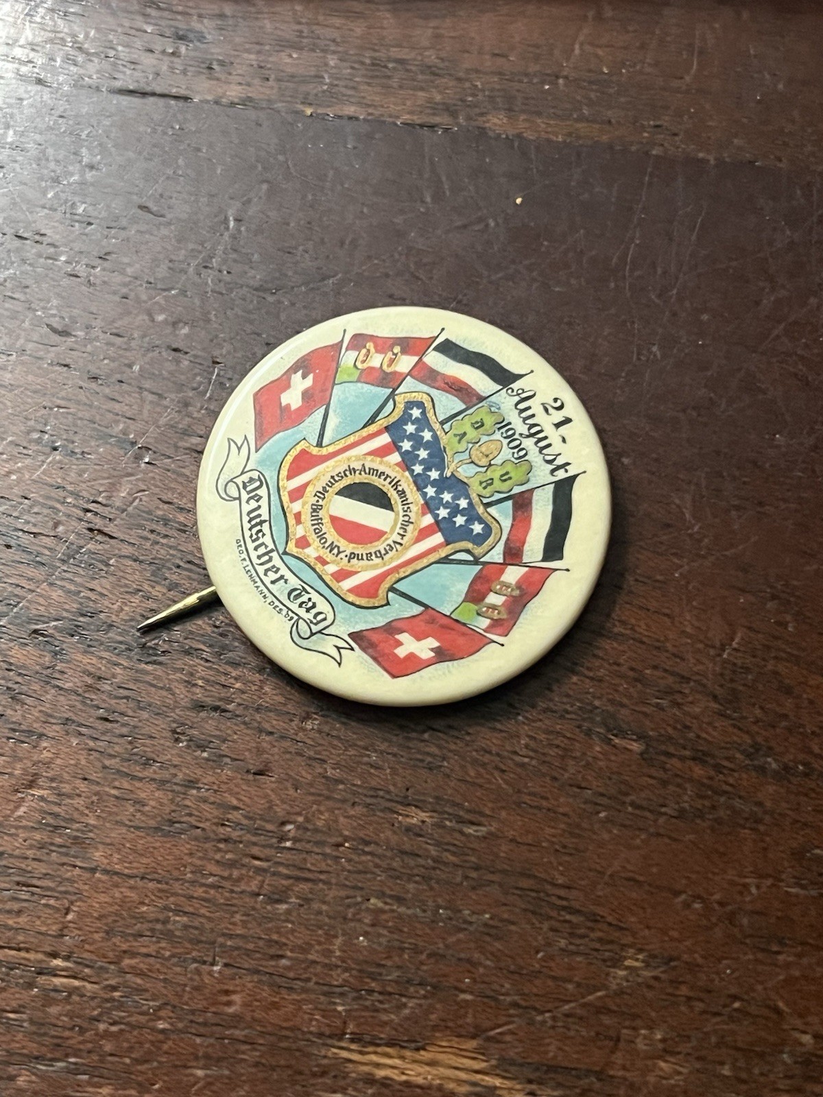 Deutscher Tag, Aug 1909 Pinback Button 1.25 in Dia Buffalo NY . Backing Paper
