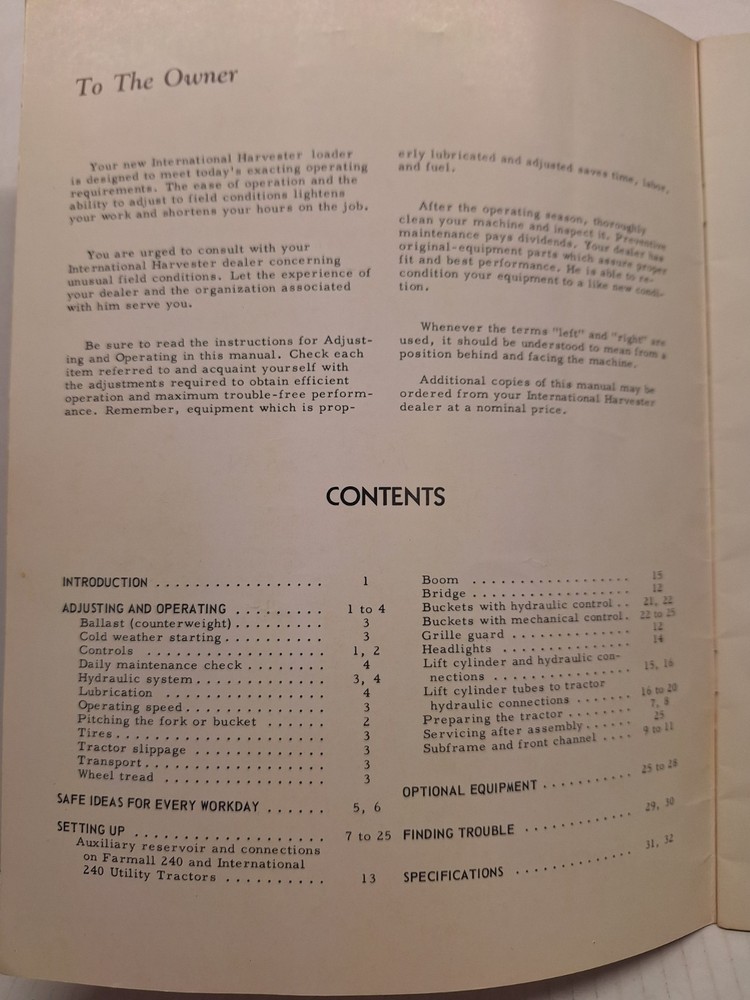 USED OPERATORS MANUAL FOR INTERNATIONAL 2001 LOADER 1019985R2