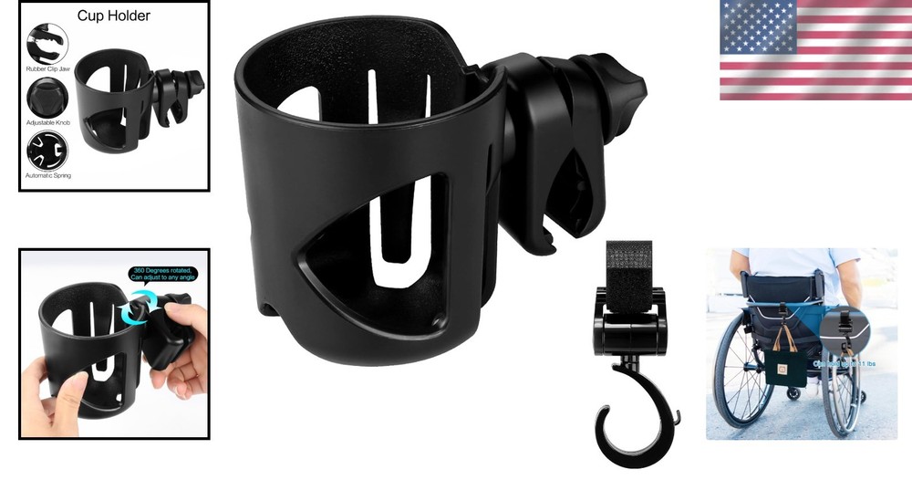 Universal Stroller Cup Holder with Hook - 360° Rotatable & Adjustable Clip