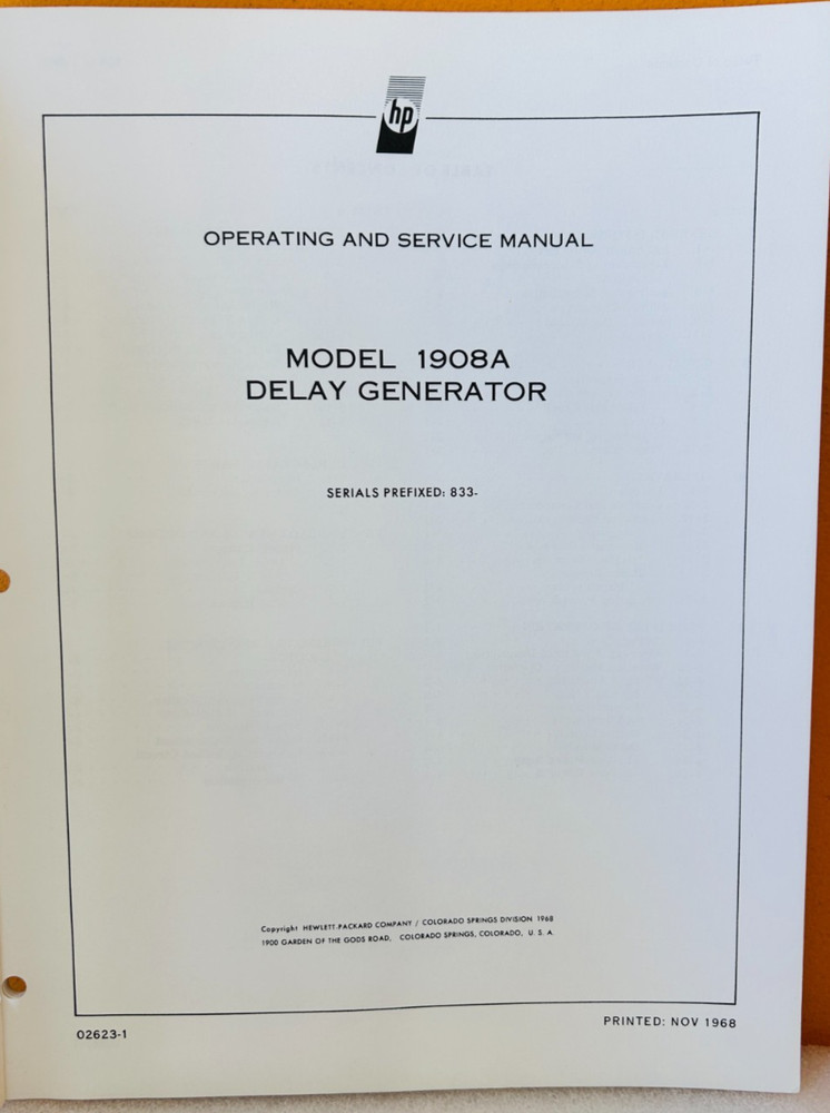 HP 01908-90901 Model 1908A Delay Generator Operating & Service Manual.