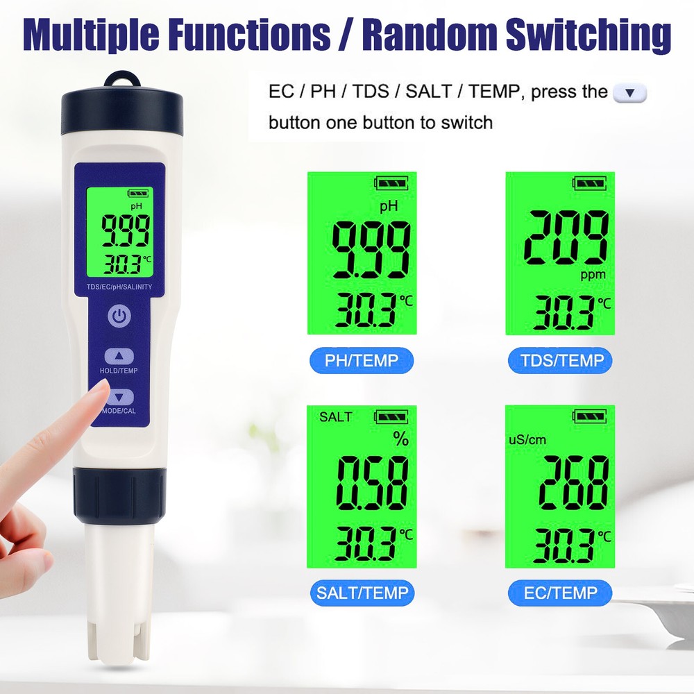 5in1 LCD Digital PH/TDS/EC/Salinity/Temperature Water Quality Meter Tester Tool