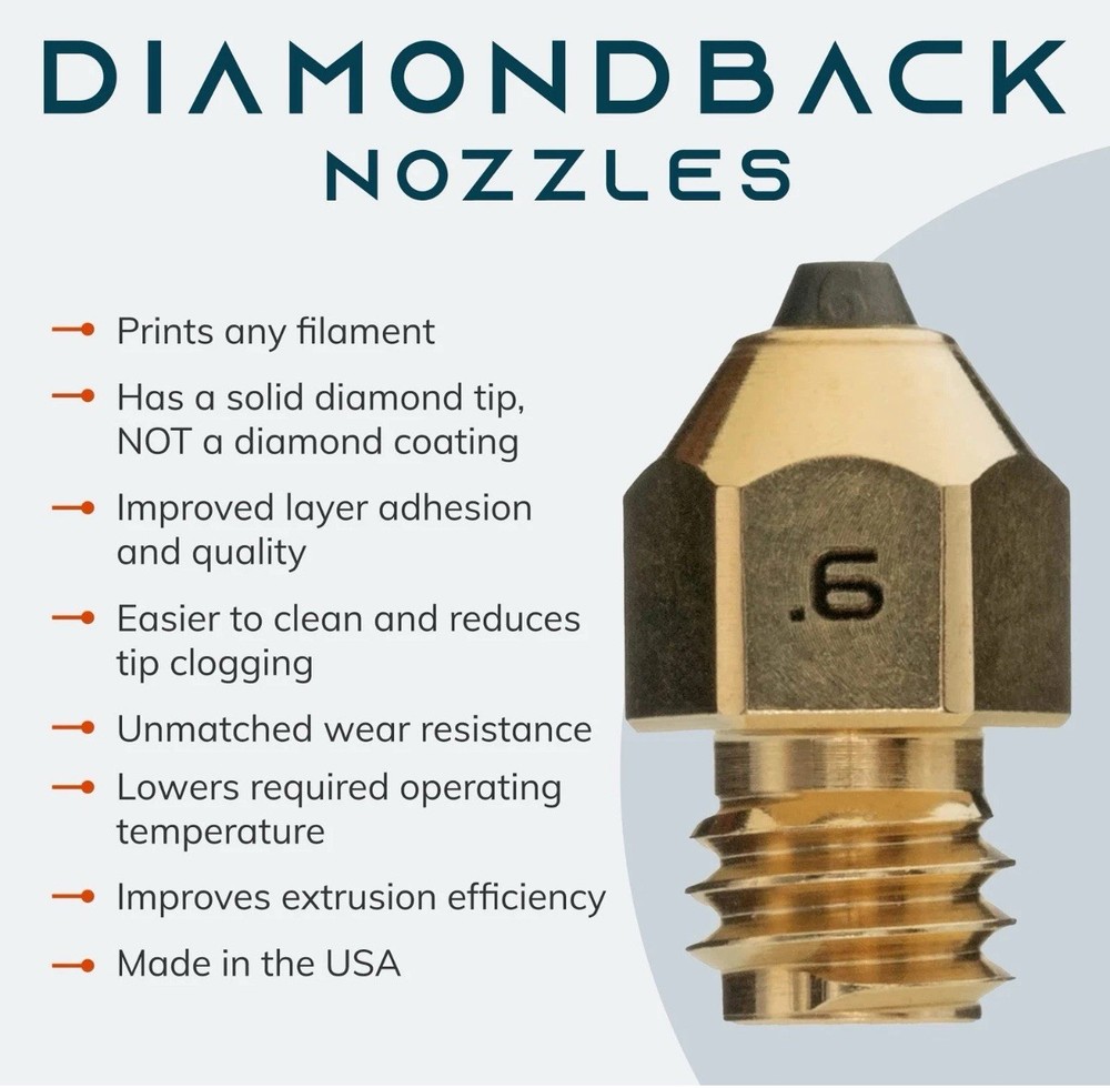 Diamondback Nozzles – MK8 Compatible – Polycrystalline Solid Diamond Tip .6mm