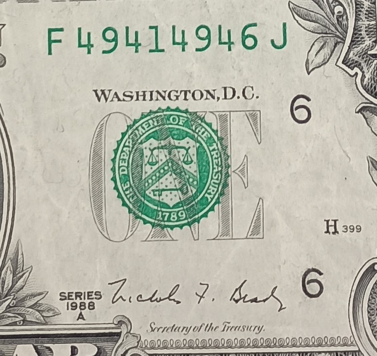 F49414946J $1 Misaligned Misprint Error One Dollar Bill 1988A Note