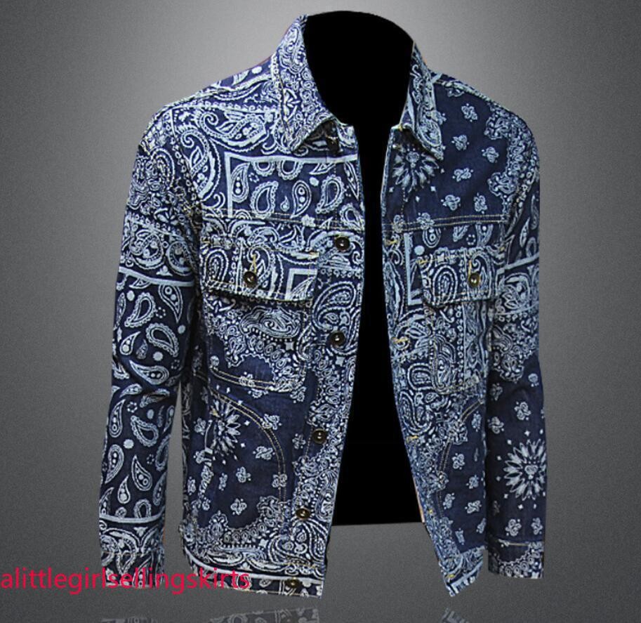 Men Denim Cotton Basic Jean Jacket Printed Button Autumn Casual Coats Biker