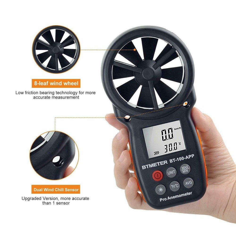 Digital Anemometer Air Flow Meter LCD Wind Speed Gauge Bluetooth APP Test 30m/s