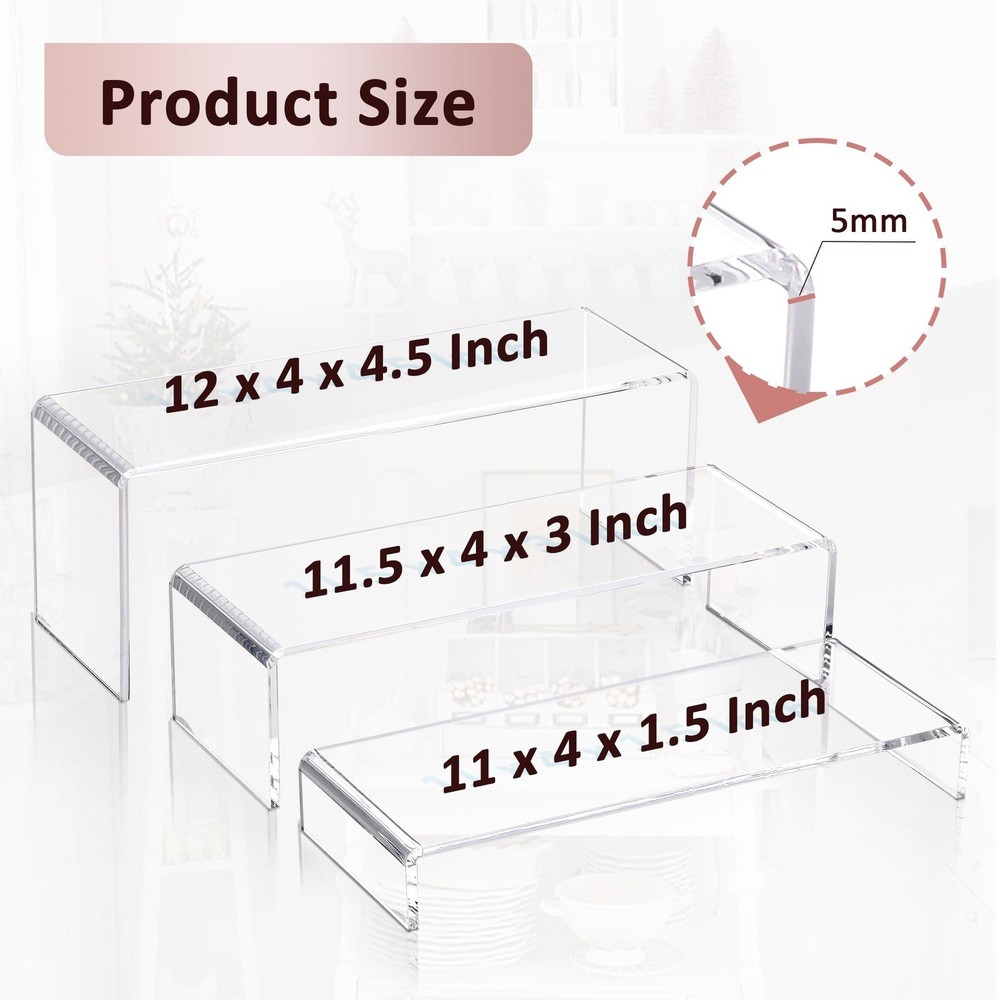 1 Set Large Acrylic Clear Display Risers, 3 Sizes 12" Rectangular Showcase Co...