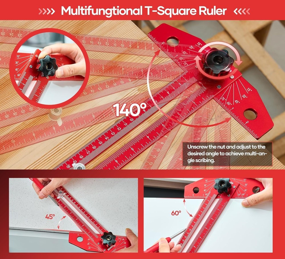 Precision Angle Adjusting T-Square Ruler with Laser Engraved Scales & Pencil