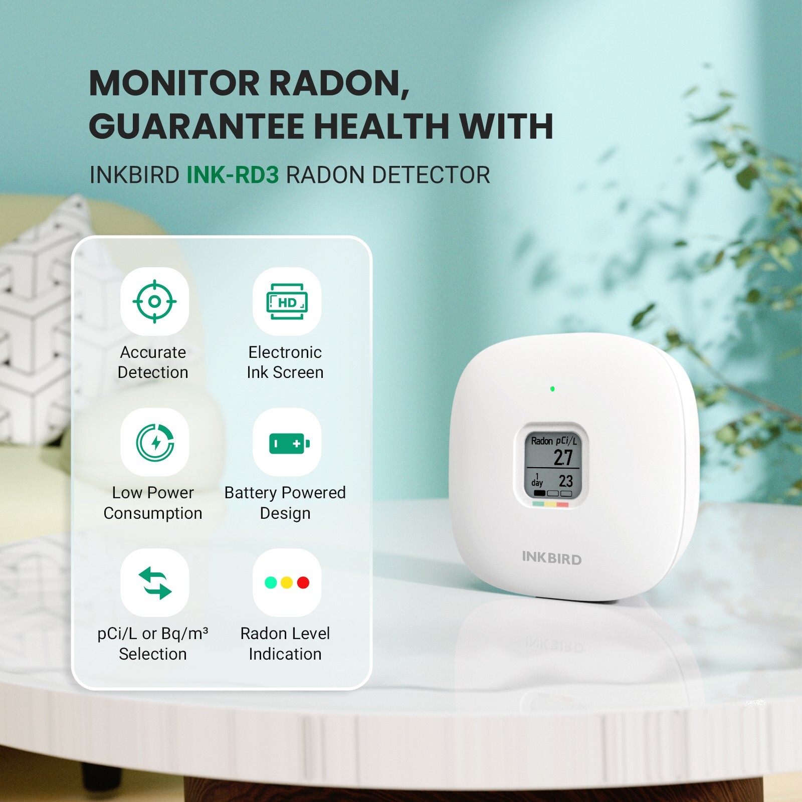 Smart Home Radon Detector Gas Meter Long/Short-term Monitoring Radon Level Test