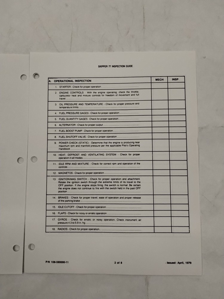 Beechcraft Model Skipper 77 Inspection Guide (12-Sets)-Original