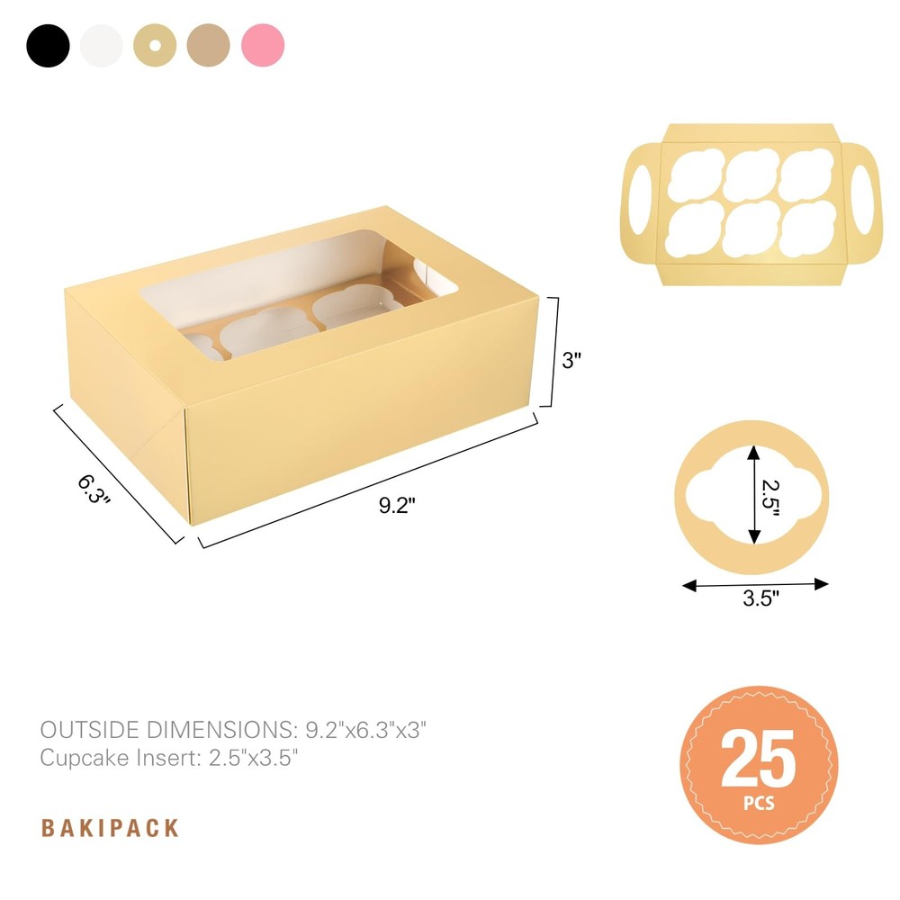 25 PCS Cupcake Boxes, Gold Cupcake Boxes 6 Count with Window and Inserts, Cup...