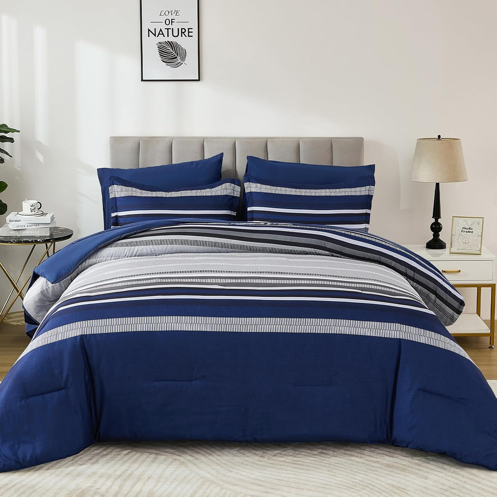Navy Blue Queen Comforter Set 7 Pieces, Boho Striped Bed in a Bag Queen Size Sof
