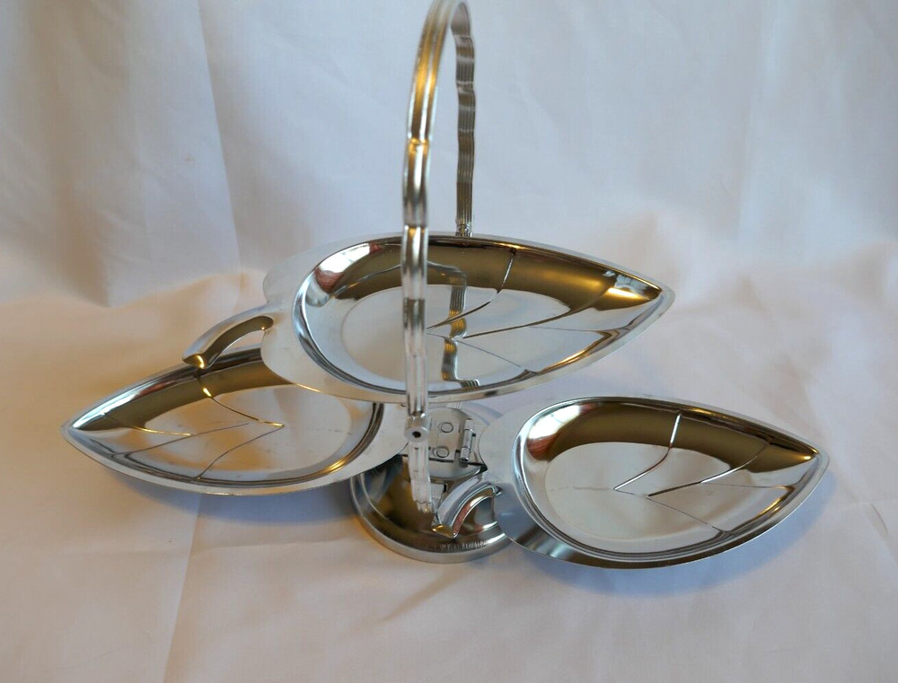 MCM Collapsible Silver Tone 3 Tier Leaf Serveware Snacks TrinketsJewelry Vintage