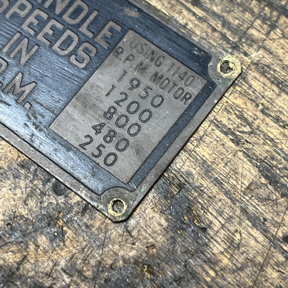 Atlas Clausing 18" Drill Press Badge / Tag / Logo Spindle Speeds