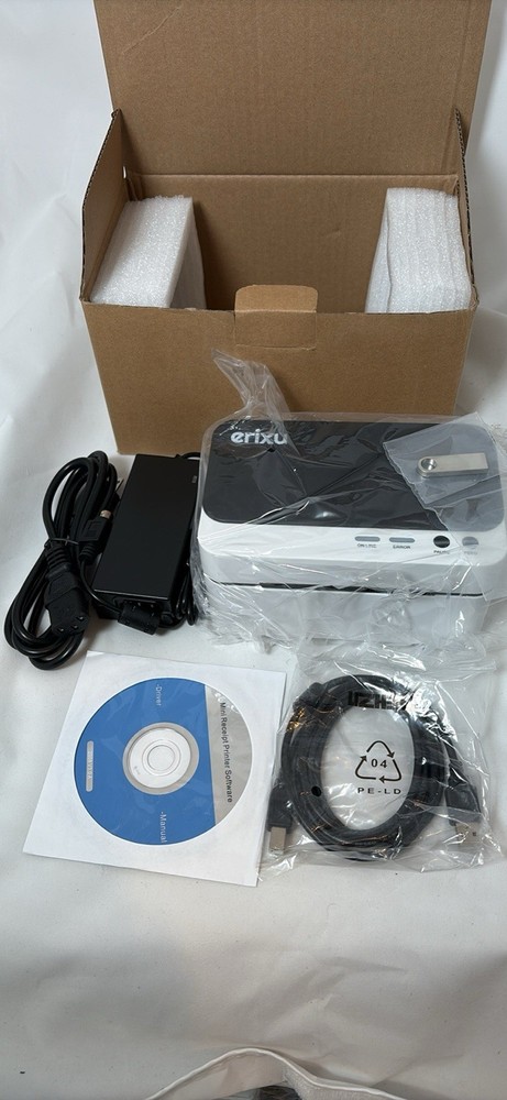 erixu Label Printer with USB Cable, Power Adapter, and Software CD
