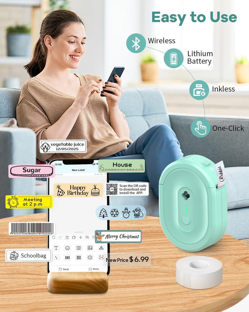 Label Maker Machine with Tape, N12 Portable Bluetooth Label Printer, Wireless Mi