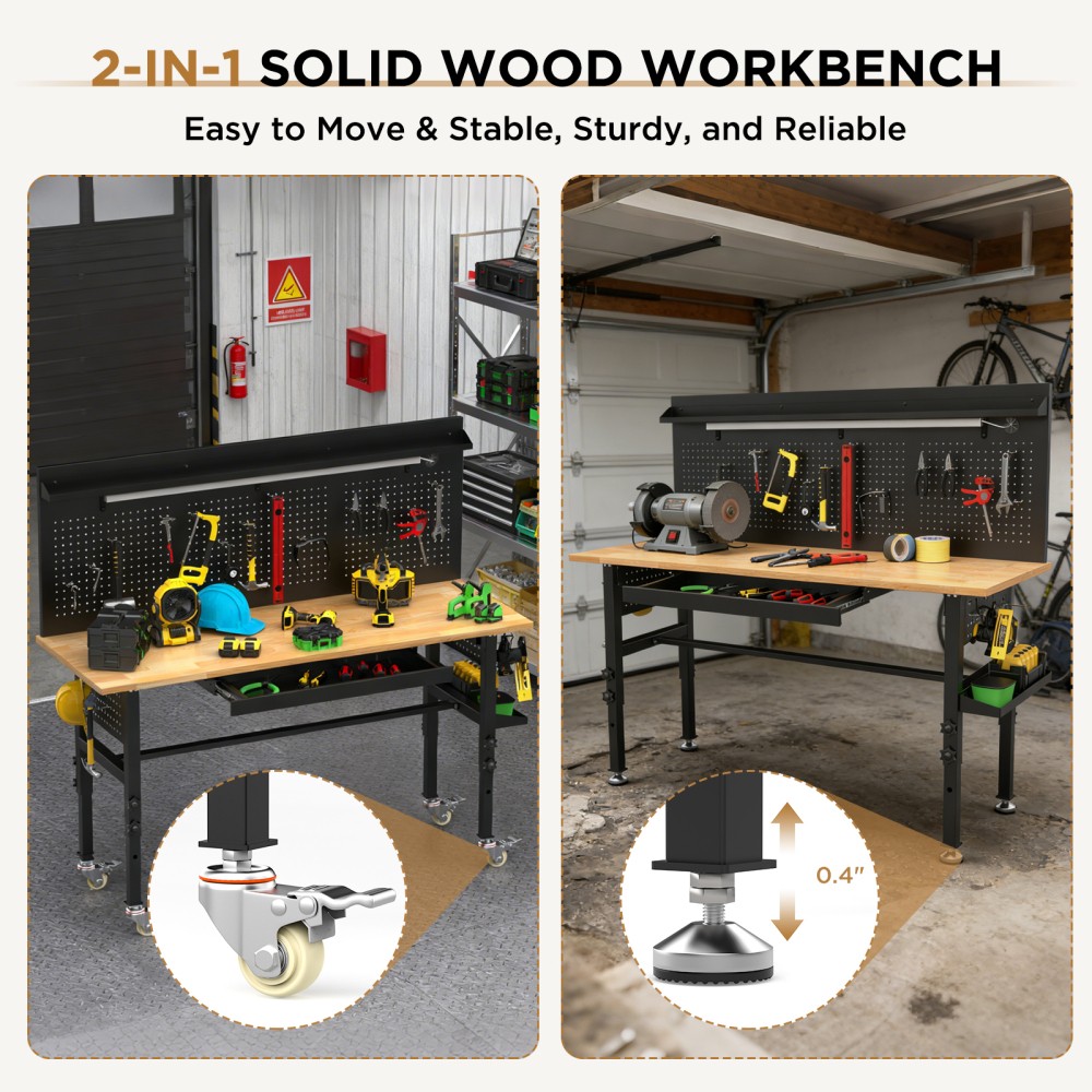 60" Adjustable Workbench w/ Drawers, 2000lb Cap, LED Light, Outlet
