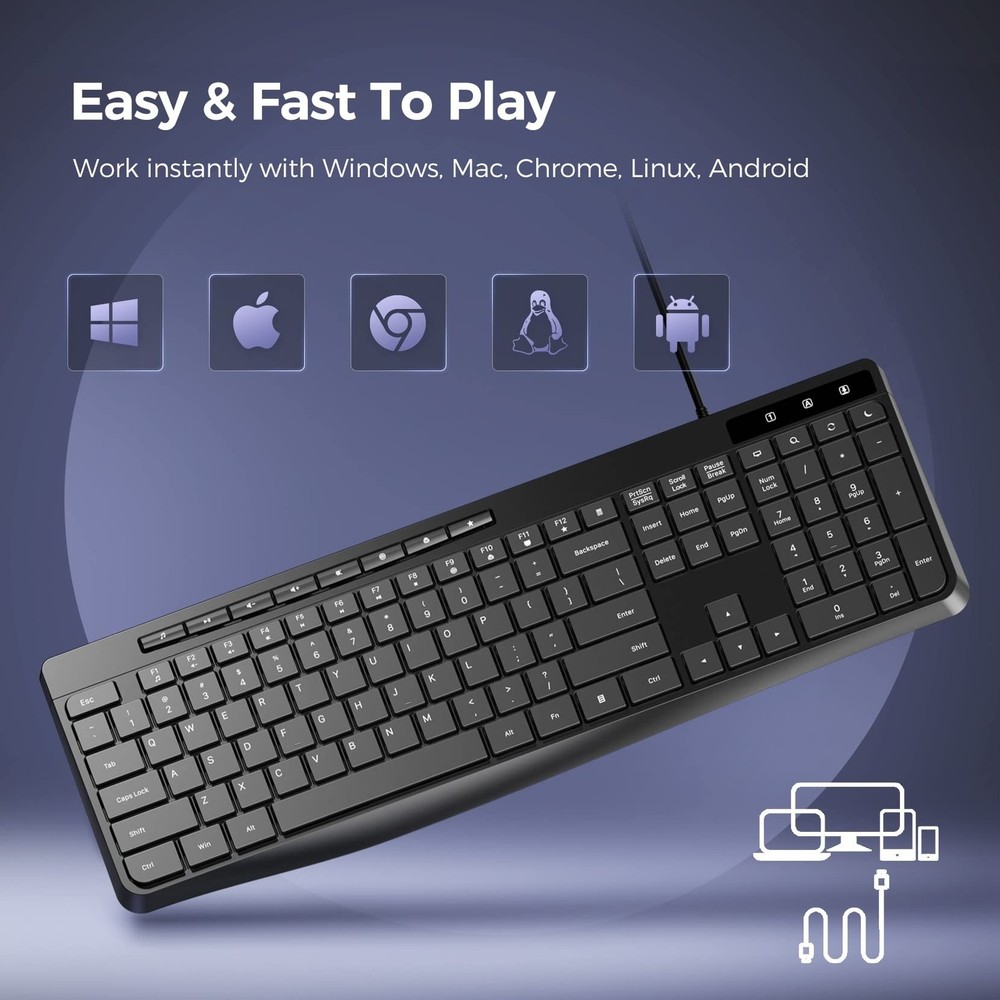 Wired Keyboard,Quiet Keyboard, Multimedia USB Computer Keyboard, Silent Keybo...