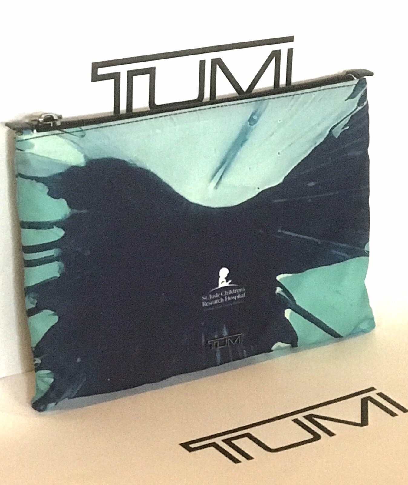TUMI Just In Case Tote St Jude Hospital Paint Splatter Blue Lime Pouch NWOT