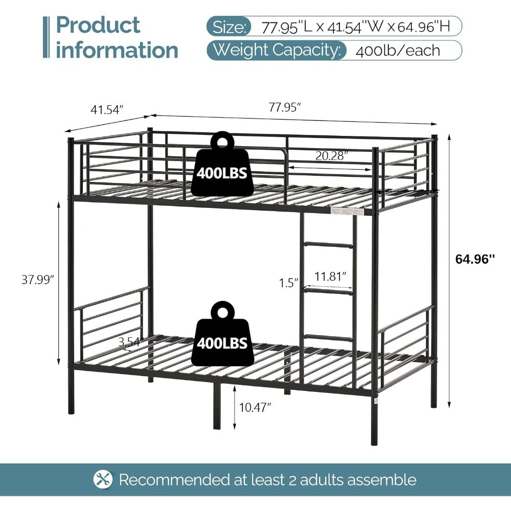 Twin Over Twin Bunk Bed for Kids Teens Adults Heavy Duty Metal Frame with Flat