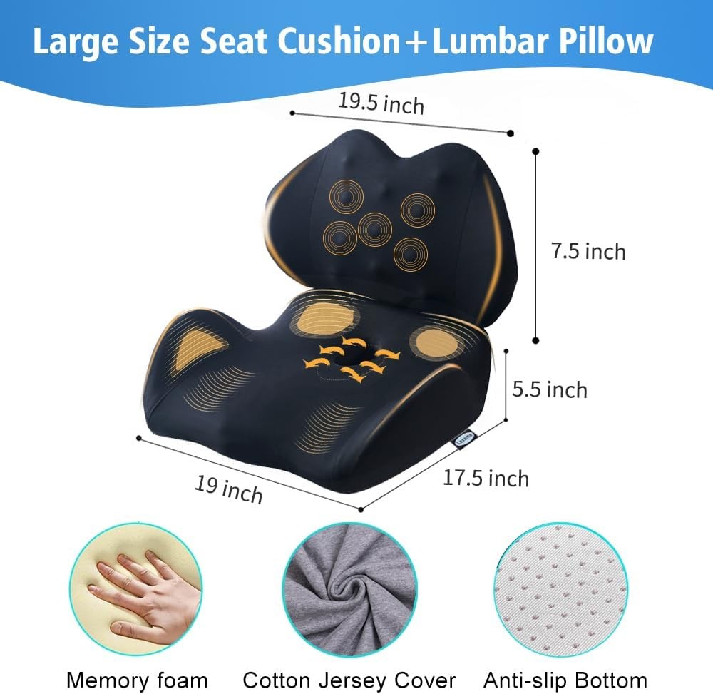 X Large Memory Foam Seat Cushion Lumbar Support Pillow for Sciatica & Tailbone P