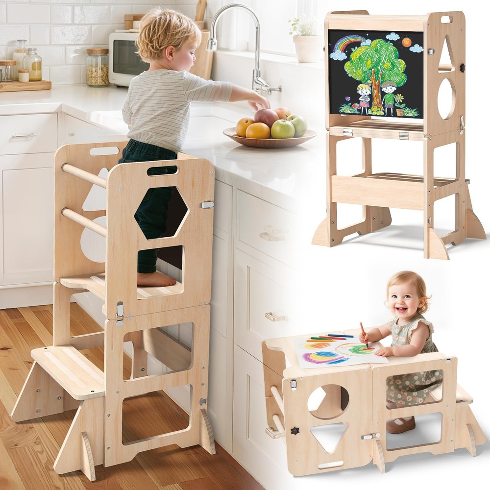Foldable Toddler Kitchen Step Stool Learning Tower with Blackboard