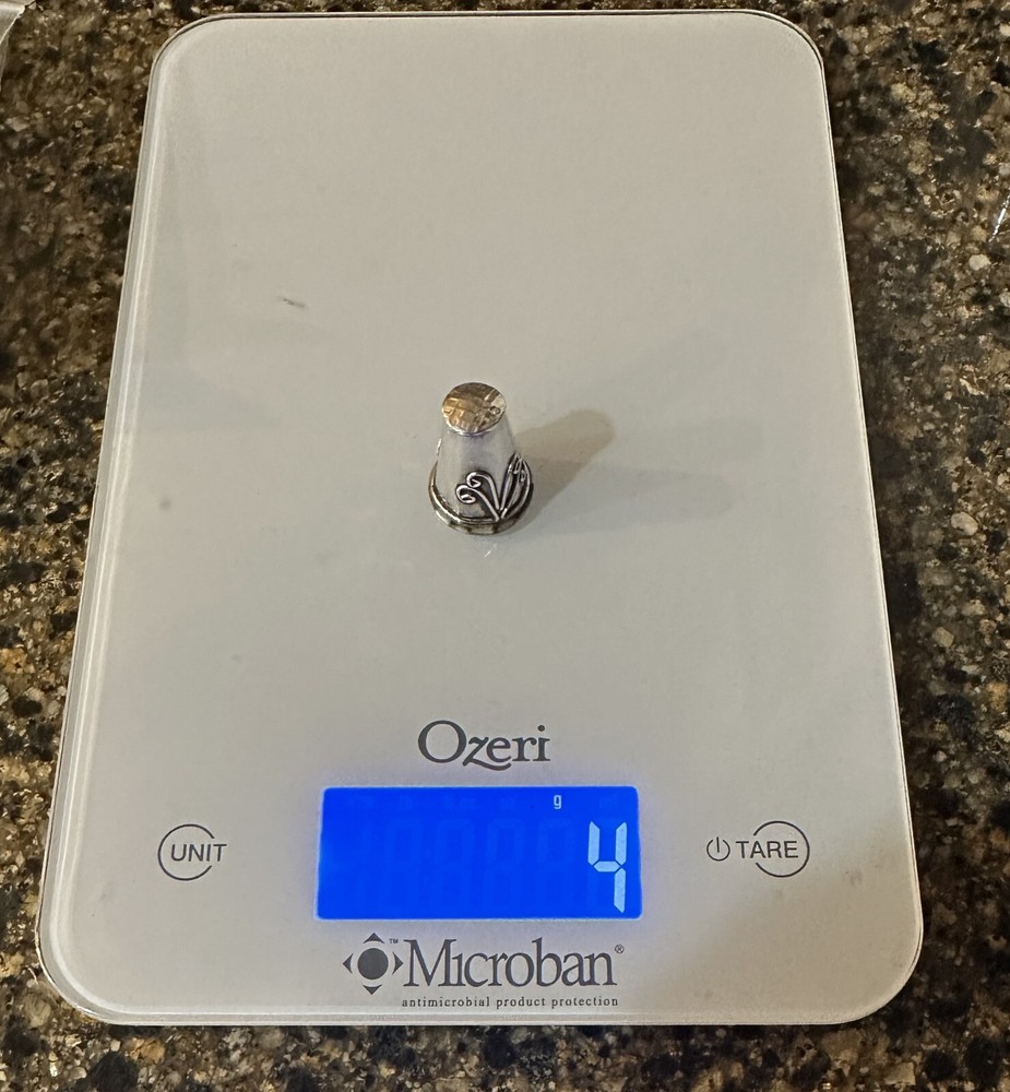 Mexico Silver Thimble With Abalone Trim and Wire Scroll Design on Two Sides