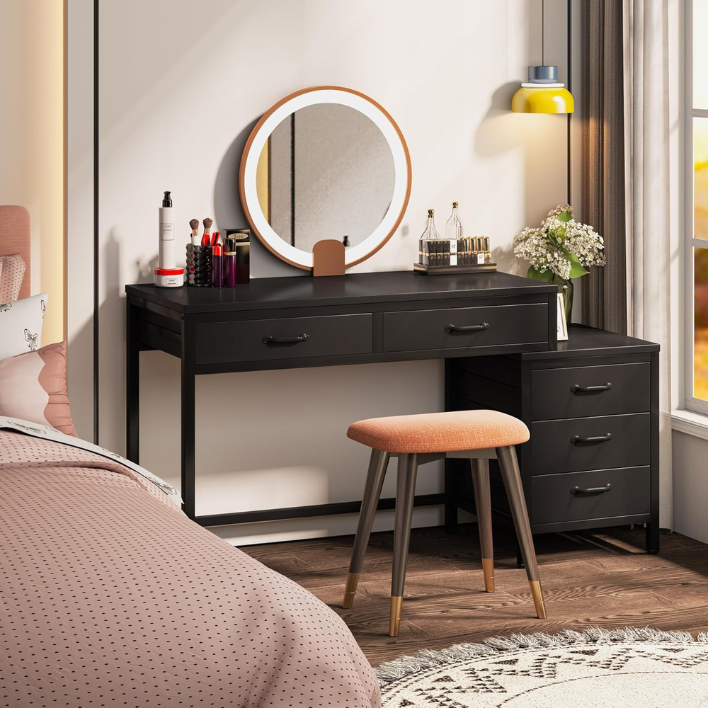 Rustic Computer Desk with 5 Drawers & Printer Stand for Small Spaces