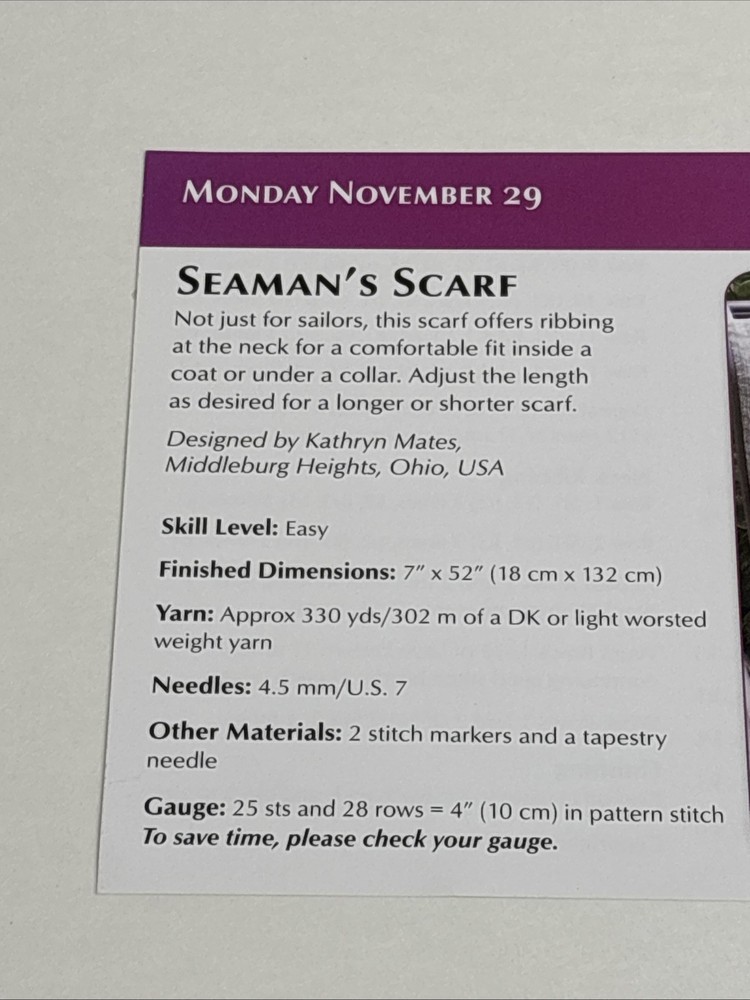 Seaman's Scarf Knitting Pattern Card Page