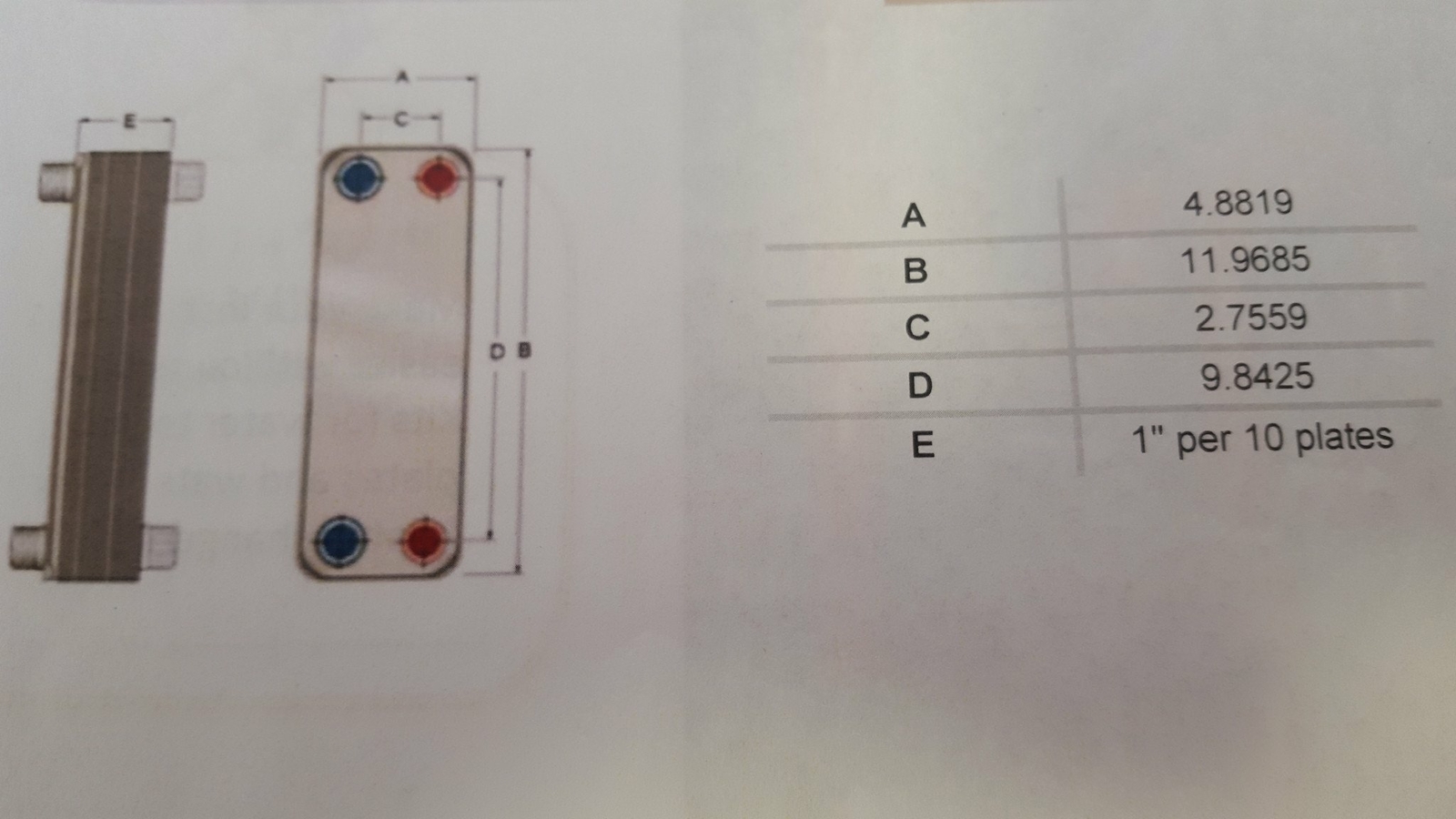 10 Plate Water to Water Brazed Plate Heat Exchanger 1" MPT Ports w/ Brackets