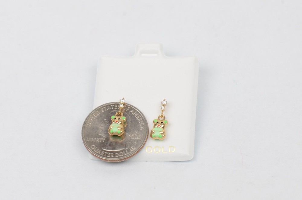 14K Solid Yellow Gold Teddy Bear Dangle Earring with Enamel