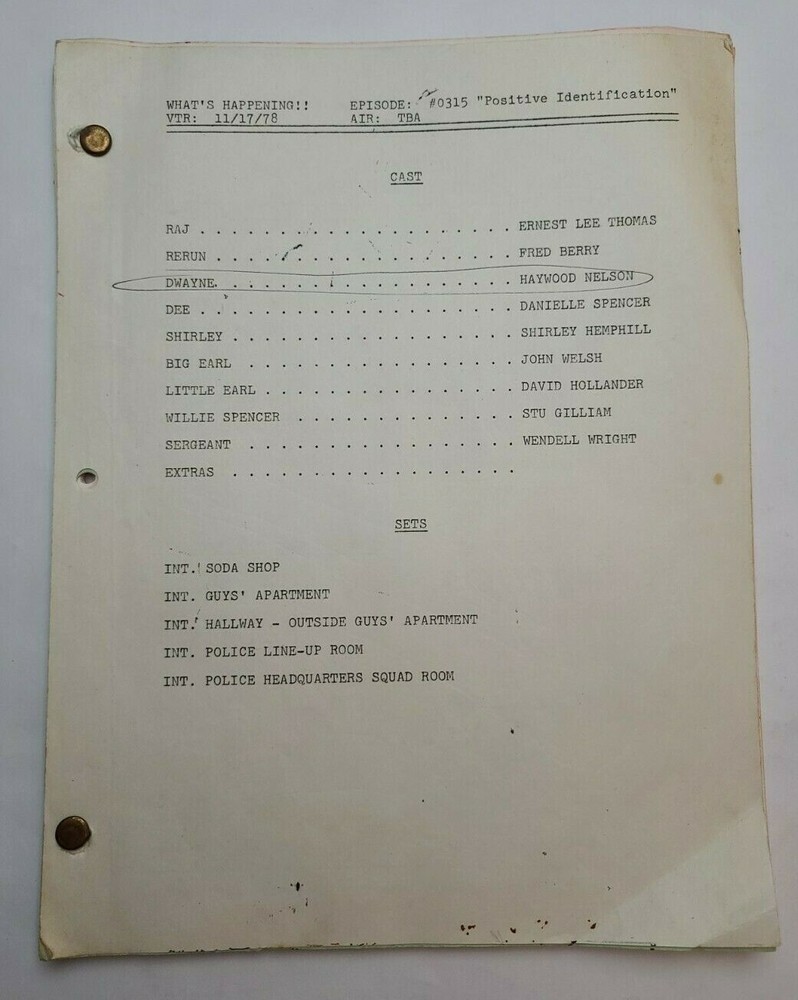 WHAT'S HAPPENING!! / 1978 TV Script, David Hollander "Positive Identification"