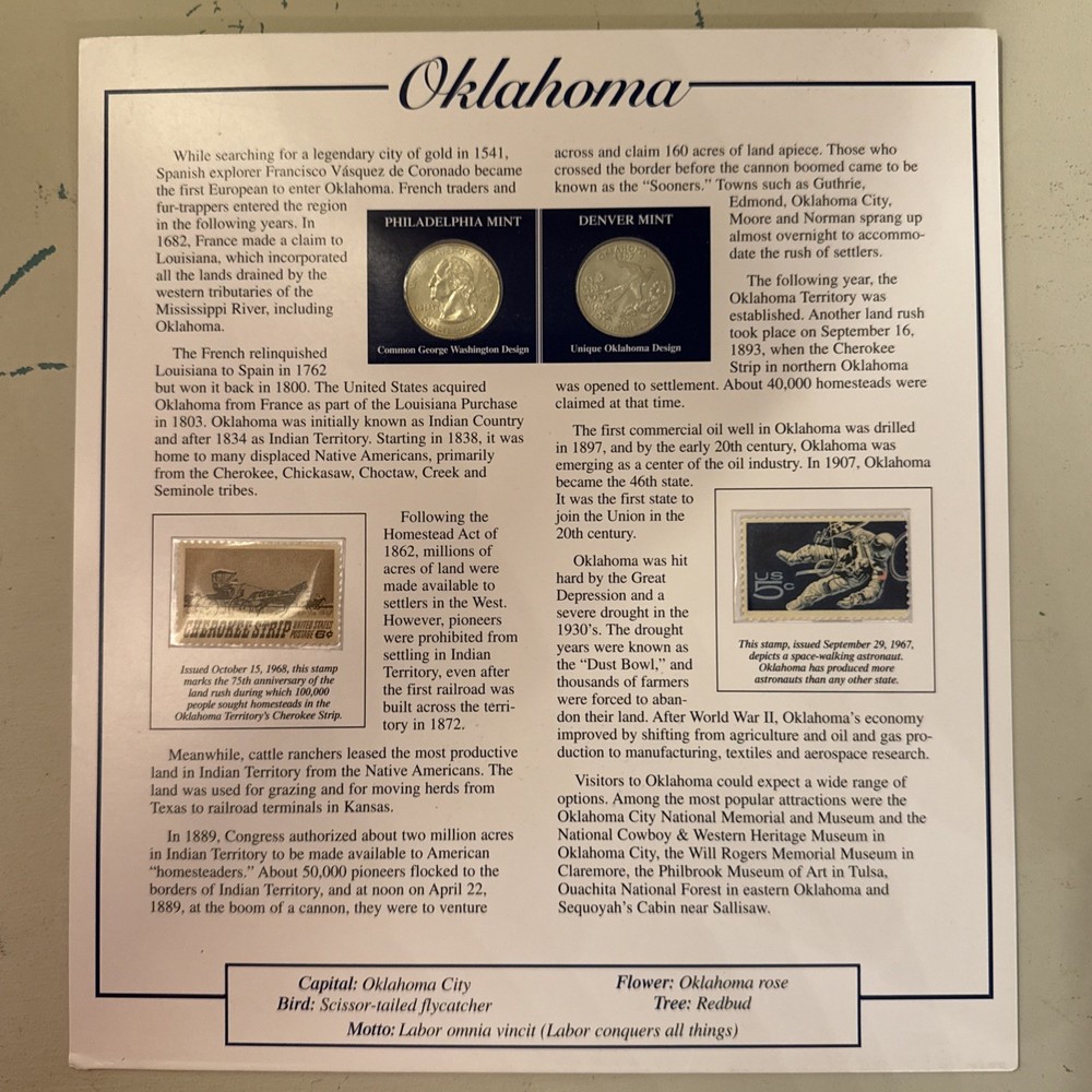 2008 Oklahoma State Commemorative Quarter And Stamp Set