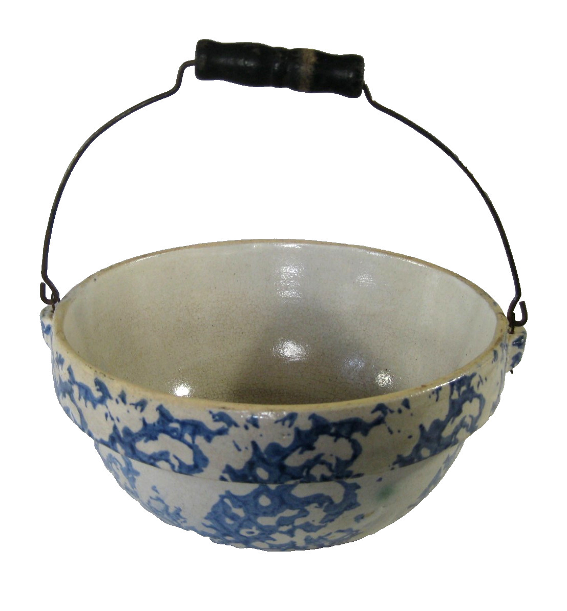 Spongeware Stoneware Blue & White Mixing Bowl with Bail Handle 8 1/2 in x 4 in