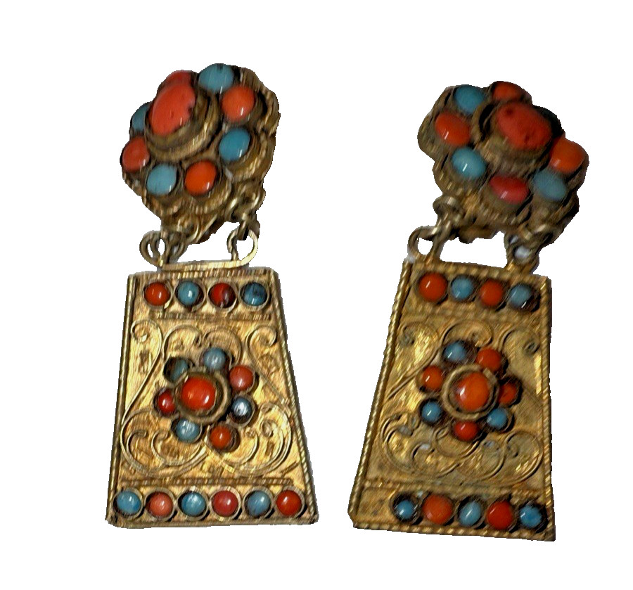 Coral & Turquoise Nepal Brass Tibetan Jewelry 3 piece Set ANTIQUE