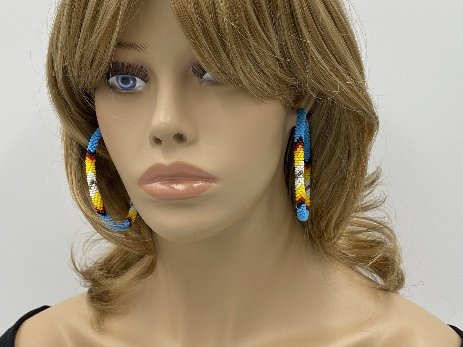 Handmade Beaded Cyan Blue 3-inch Lever back Hoop Earrings