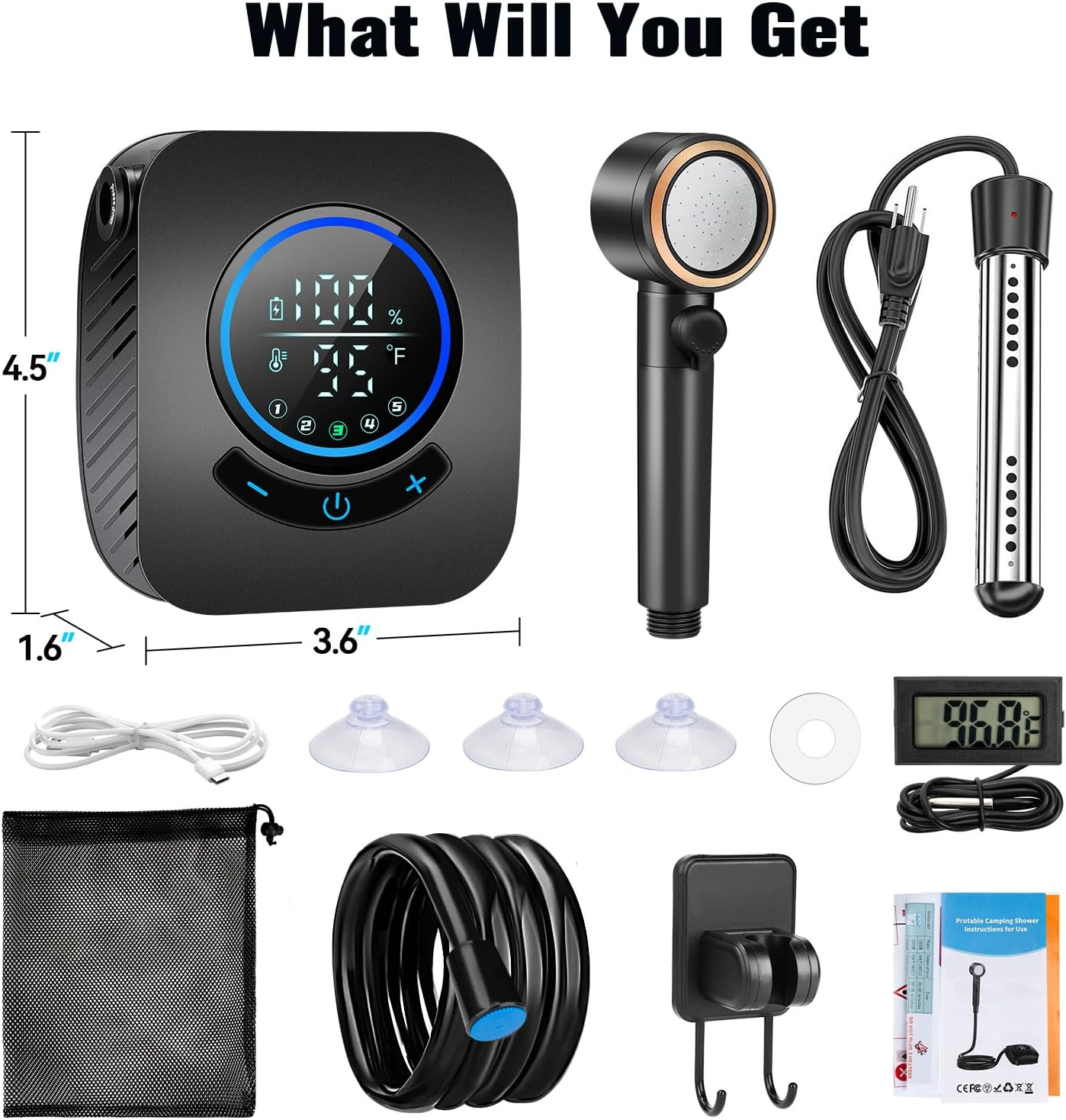 Upgraded Portable Shower with Heater, 1500W Immersion Heated