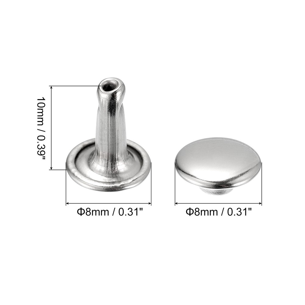 100 Sets Leather Rivets, 8mm Double Cap Rivets 10mm Height Studs, Silver Tone